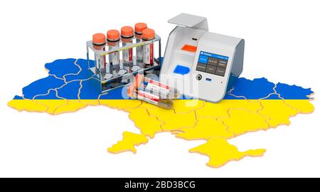 COVID-19-Tests im Konzept der Ukraine. Labor-in-a-Box-Test mit Nasen-Tupfer-Reagenzgläsern auf der ukrainischen Karte. 3D-Rendering isoliert auf weißem Hintergrund Stockfoto