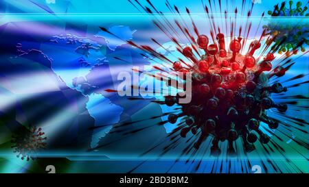 Coronavirus COVID 19-Zelle auf Weltkarte blauer Hintergrund. Konzeptdesign Hintergrund für Neuigkeiten zur Virus-Epidemie. Stockfoto
