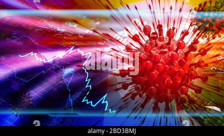 Coronavirus COVID 19-Zelle im Börsendiagramm und im Kurshintergrund. Konzept Wirtschaftskrise im Zusammenhang mit der weltweiten Virus-Epidemie. Stockfoto