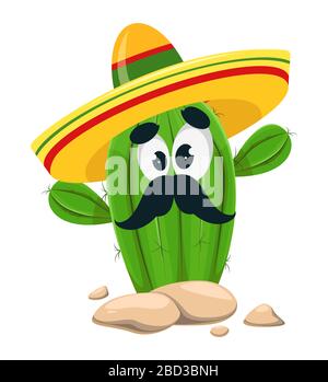 Cinco De Mayo. Lustige Kakteen in Sombrero. Kaktus mit Schnurrbart, Zeichentrickfigur. Vektorgrafiken Stock Vektor
