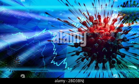 Coronavirus COVID 19-Zelle im Börsendiagramm und im Kurshintergrund. Konzept Wirtschaftskrise im Zusammenhang mit der weltweiten Virus-Epidemie. Stockfoto