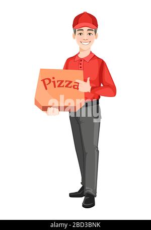 Kurierbox mit Pizza. Leistungskonzept für die Bereitstellung. Cartoon-Charakter des Delivery man. Vektorgrafiken isoliert auf weißem Hintergrund Stock Vektor