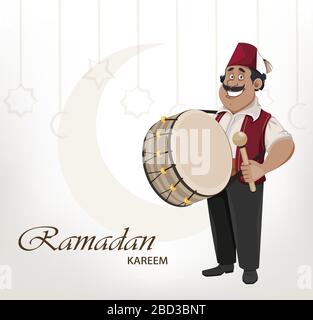 Ramadan Kareem Grußkarte. Ramadan Drummer. Fröhliche Zeichentrickfigur mit Trommel. Vektorgrafiken für heiligen Monat Stock Vektor