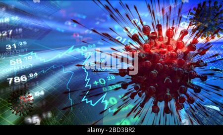 Coronavirus COVID 19-Zelle im Börsendiagramm und im Kurshintergrund. Konzept Wirtschaftskrise im Zusammenhang mit der weltweiten Virus-Epidemie. Stockfoto