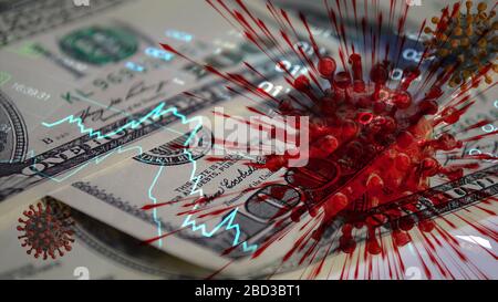 Coronavirus COVID 19 Cell at Money und Stock Market Chart Hintergrund. Konzept der Wirtschaftskrise. Stockfoto