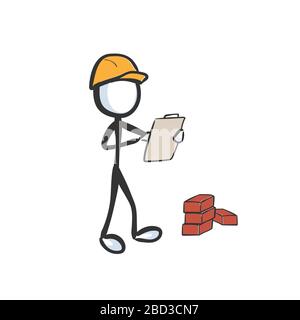 Bauarbeiter mit gelbem Sicherheitshelm. Gebäudeplan für die Entwicklung. Hand gezogen. Stickiger Zeichentrickfilm. Doodle Skizze, Vector Graphic Illustration Stock Vektor
