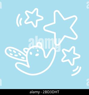 Süßer Kawaii-Tierfigur fliegt zu den Sternen. Lustige Designvorlage für Biber- oder Katzen-Logos. Symbol für Web und Druck. Tierische lineare Vorschule Stock Vektor