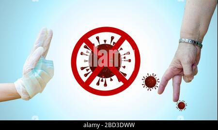 Konzept einer Hand mit Handschuhen und Maske, die sich vor anderen schützt, die sich während der Coronavirus (Covid-19)-Pandemie im 20 Stockfoto