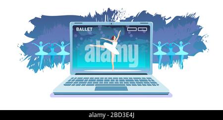 Banner für Online-Ballettproduktionen. Virtuelle klassische Choreographie in Laptop isoliert auf weißem Hintergrund. Live-Theater-Performance, Internet-Oper. Mobilgeräte für Privatreisende. Web Tickets Vector Konzept Stock Vektor