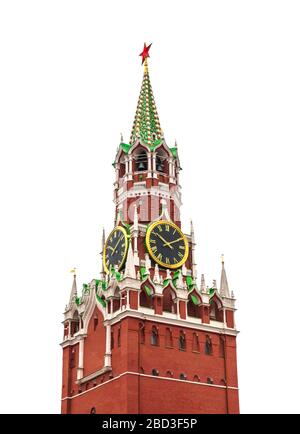 Russland, der Rote Platz. Der berühmte Spasskaja-Turm des Moskauer Kreml. Spasskaja-Turm auf einem isolierten weißen Hintergrund. Der alte Kreml ist das wichtigste lan Stockfoto