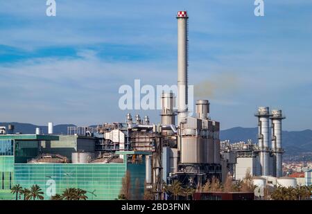 Fabriken, Palmen und Graffiti vor der Tür mitten in der Stadt Stockfoto