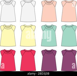 Frauen Kurzarm-Shirt (Puff-Ärmel-Shirt) Vorlage Illustration Set Stock Vektor