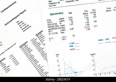 Nahaufnahme des Ecocardiographie-Berichts (EKG) und eines Lungenfunktionstests mit Spirometrie Stockfoto