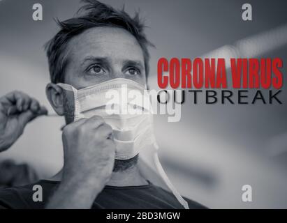 COVID-19 Kampagne "Leben retten". Starkes Bild der Hände hilft jungen Mann, Gesichtsmaske zu setzen. Wenn Sie gesund bleiben, stoppen Sie die Ausbreitung des Coronavirus, zusammen können wir Stockfoto