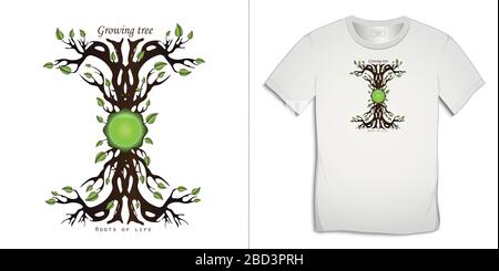Drucken Sie auf T-Shirt Grafikdesign, wachsender Baum mit Wurzeln abstraktes Design, isoliert auf Hintergrundvektor Stock Vektor