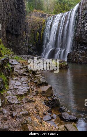 Sehen Sie sich die enge Schlucht an, die zur berühmten Vorhangkaskade an den Guide Falls an der Nordwestküste Tasmaniens führt. Stockfoto