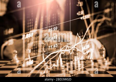 Schachspiel auf Schachbrett an der Börse oder Forex-Trading-Diagramm für Finanzinvestitionskonzept. Wirtschaftstrends für digitales Unternehmensmarketing Stockfoto