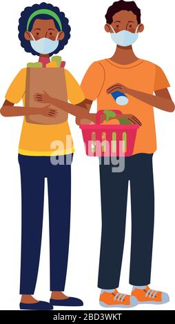 afro Paar mit Gesichtsmasken im Supermarkt Stock Vektor