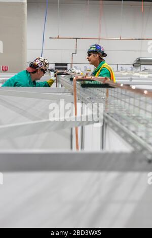 Detroit, Michigan, USA. April 2020. Arbeiter bauen ein Notarztkrankenhaus im TCF-Kongresszentrum auf. Das Krankenhaus mit 1.000 Betten wird Covid-19-Patienten versorgen. Die Pipefitter installieren ein Sauerstoffversorgungssystem. Kredit: Jim West/Alamy Live News Stockfoto