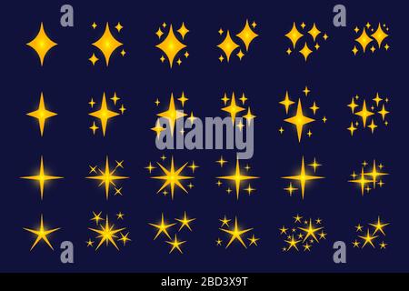 Set mit goldenen Glitzersymbolen. Gelbe Symbole Sterne mit leuchtendem Lichteffekt auf blauem Hintergrund. Dekorative Schmuckelemente mit Schmuckelementen, Glitter für weihnachten oder Geburtstag. Isolierte Vektorgrafiken Stock Vektor