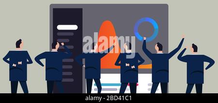 Mitarbeiter von Business Analyst im Unternehmen, die sich im Dashboard-Bericht von Business Intelligence befinden. Konzept der Schlüsselleistung Stock Vektor