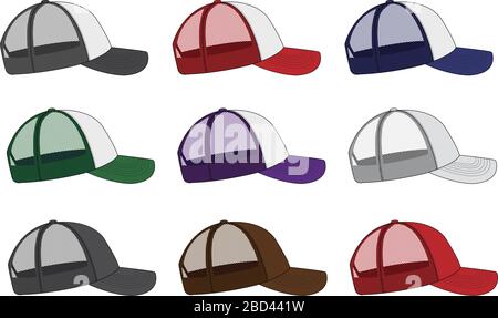 trucker Kappe / Mesh Kappe Schablone Illustration Set / Seitenansicht Stock Vektor