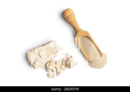 Getrocknete und frische Hefeblocks isoliert auf weißem Hintergrund. Stockfoto