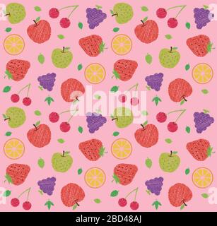 Nahtlose Textilmuster Illustration mit Früchten und Blumen (Handschrift / Buntstift Strich) Stock Vektor