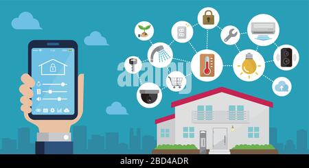 Smart Home (Smart House) gesteuert mit Smartphone-App. Abbildung des Technologiekonzepts. Stock Vektor