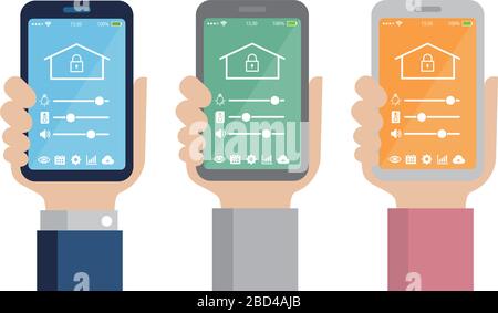 Smartphone-App zur Steuerung des Smart Home (Smart House) . Flache Abbildung mit Smartphone in der Hand. Stock Vektor