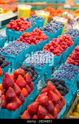 Auswahl an frischem Obst zum Verkauf an einem St. Lawrence Market South Fruit Stall, Toronto, Kanada Stockfoto