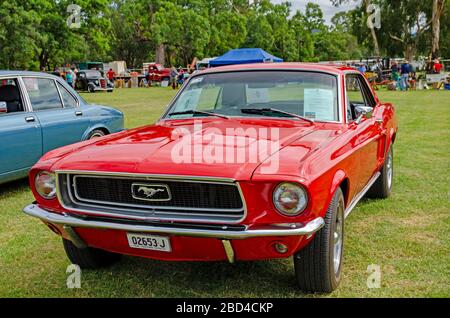 Bright Red 1968 Ford Mustang V8 Hardtop-Coupé der ersten Generation. Stockfoto