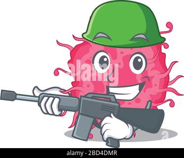 Ein Cartoon-Bild pathogener Bakterien im Armeestil mit Maschinenpistole Stock Vektor