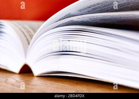 Öffnen Sie das Textbuch mit sichtbaren Seiten auf Holzschreibtisch vor rotem Hintergrund. Zurück zur Schule, zur Ausbildung oder zum Studienkonzept. Bild mit selektivem Fokus. Stockfoto