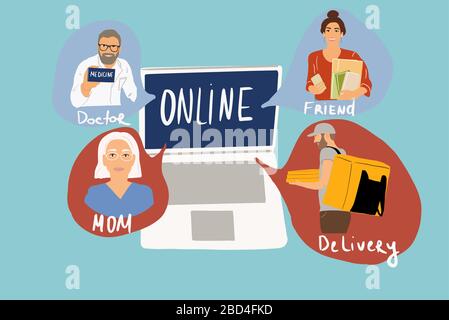 Zeichnung eines Arztes, Studenten, Zustellers und einer Mutter, die online kommuniziert. Konzept von Arbeit und Kommunikation online. Farbenfrohe Vektorgrafiken im flachen Cartoon-Stil Stock Vektor