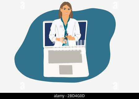 Weibliche Ärztin auf Laptop-Monitor. Online- und Teemedizinkonzept. Farbenfrohe Vektorgrafiken im flachen Cartoon-Stil Stock Vektor