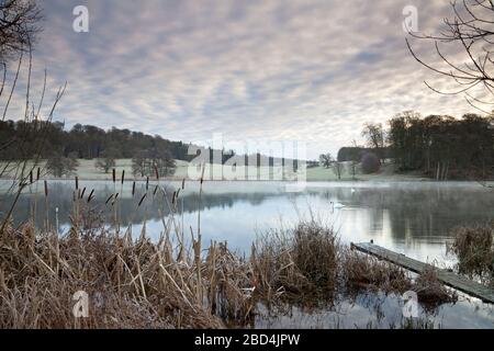 Ein Wintermorgen am Fonthill Lake in der Nähe von Tisbury in Wiltshire. Stockfoto