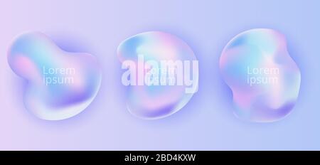 Set aus trendigen, realistischen, abstrakten, holografischen Verlaufsformen in 3D-Qualität auf blauem Hintergrund. Flüssige Formen, Regenbogenfarben. Vektorgrafiken Stock Vektor