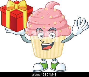 Das charmante Maskottchen aus Erdbeerkuchen hat eine rote Geschenkschachtel Stock Vektor