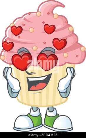 Charmante Erdbeer-Cupcake-Cartoon-Figur mit einem verliebten Gesicht Stock Vektor
