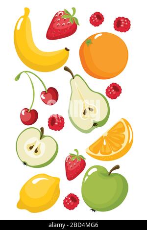 Lustige Früchte Banane, Orange, Erdbeere, apfel, Birne, Zitrone, Kirsche, Himbeeren Stock Vektor