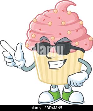 Supersüße Erdbeer-Cupcake-Cartoon-Figur mit schwarzer Brille Stock Vektor