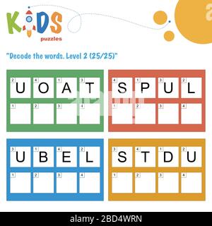 Decodieren Sie die 4-stelligen Wörter. Arbeitsblattpraxis für Kinder in der Vorschule, der Grundschule und der Mittelschule. Arbeitsblatt mit lustigen Logikrätseln. Stock Vektor