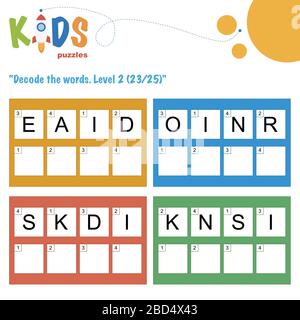Decodieren Sie die 4-stelligen Wörter. Arbeitsblattpraxis für Kinder in der Vorschule, der Grundschule und der Mittelschule. Arbeitsblatt mit lustigen Logikrätseln. Stock Vektor