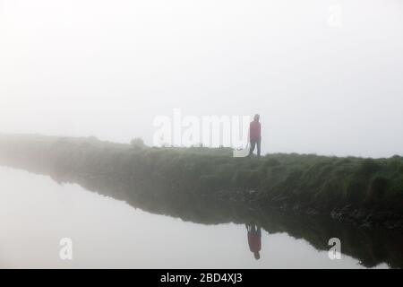 Carrigaline, Cork, Irland. April 2020. Eine Frau läuft ihren Hund im Nebel am frühen Morgen im Gemeindepark in Carrigaline, Co. Cork, Irland. Unter behördlichen Einschränkungen ist die Ausübung nur innerhalb von 2 Kilometern von Ihrem Zuhause und nur mit Personen aus Ihrem eigenen Haushalt gestattet. - Credit; David Creedon / Alamy Live News Stockfoto