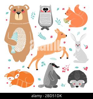 Niedliche Tiere: Fuchs, Dachs, Eichhörnchen, Eule, Hirsch, Reh, Rehe, Hasen, Kaninchen, Igel und verschiedene Elemente Abbildung Hand in scandinav gezeichnet Stock Vektor