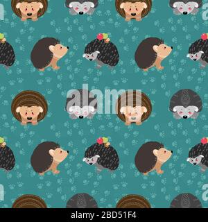 Nahtloses Muster mit Igel auf dem Hintergrund eines Baumes, einer Pflanze, eines Busches und verschiedener Elemente. Vektorgrafiken im skandinavischen Stil. Stock Vektor