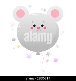 Süße Kawaii-Maus Mit Ballon, Rat. Tier isoliert auf weißem Hintergrund. Vektorgrafiken Stock Vektor