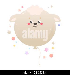 Süßes Kawaii-Schaf Im Ballon, Lamb. Tier isoliert auf weißem Hintergrund. Vektorgrafiken Stock Vektor