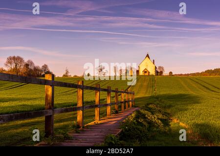 Holzboardweg führt an einem sonnigen Sommerabend zur goldenen Stunde zur isolierten St Hubert's Church in einem grünen Feld, South Downs National Park Stockfoto